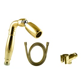 High Sierra's Solid Metal Handheld Shower Head Kit. Includes Handheld Shower Head, Trickle Valve, 72-Inch Hose with Silicone Inner Tube, and Holder. Low Flow 1.5 GPM - Polished Brass Finish