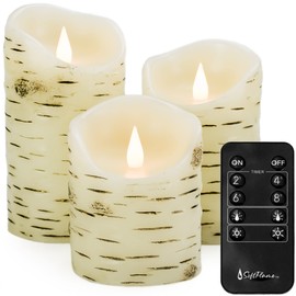 Softflame Flickering Flameless LED Candles with Remote Control, 3D Flame Battery Operated Candles in Real Wax for Indoor Use and Home décor, Set of 3: 3"x4", 3"x5", 3"x6" Birch Bark Effect