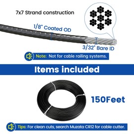 Muzata 150ft Black Vinyl Coated Wire Rope 3/32" Overmolded to 1/8" Stainless Steel Aircraft Cable 7x7 Strand Outdoor Indoor Cable Wire for Clotheline String Lights Hanging DIY WR11