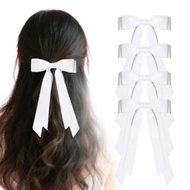 4PCS Silky Hair Bow, Ribbon Hair Bows for Girls Women with Long Tails, Satin Clips Ties Pink Solid Satin Polyester Ponytail Holder Decor Accessories for Girls Women Daily and Party Wear, White