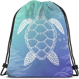 Beabes Watercolor Turtle Drawstring Bags Backpack Bag Ocean Sea Animal Seaweed Cartoon Doddle Art Underwater Bubble Sport Gym Sack Drawstring Bag String Bag Yoga Bag for Men Women