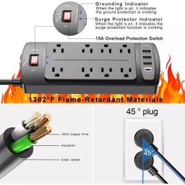 Nuetsa Surge Protection Power Strip 8 Widely Outlet Extender and 4 USB Ports 6FT Cord