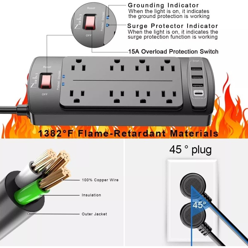 Nuetsa Surge Protection Power Strip 8 Widely Outlet Extender and