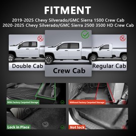 XTWEEX Floor Mats Fit for 2019-2025 Chevy Silverado/GMC Sierra 1500 Crew Cab, 2020-2025 SLV/SRA 2500 3500 HD Crew Cab with Factory Carpeted Storage-3pcs 1st & 2nd Row Black All Weather Floor Liner