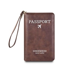 MultiValue RFID Passport Holder for Travel, Wristband PU Leather Passport Wallet Large Capacity Waterproof Passport Book with Card Holder for Women Men (Brown)