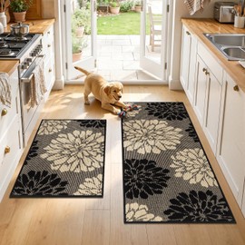 Findosom Kitchen Rugs Sets of 2, 24" x 36" + 24" x 60" Non Slip High-Low Textured Floral Washable Kitchen Runner with Rubber Backing, Kitchen Mats for Floor, Entryway, Hallway, Sink, Black & Beige