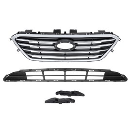 KUAFU Front Upper & Lower Grille & Bumper Bracket Compatible with 2015-2017 Hyundai Sonata 86350C2000 86561C2000 86513C2000 86514C2000 Bumper Grill + Bracket Chrome Black+Silvery 4Pcs