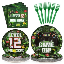 Grencian 96Pcs Green Game Party Supplies Video 12th Birthday Paper Plates and Napkins Tableware Sets Level Unlcked Game Themed Decorations for Kids Gaming Boys 12 Year Old Party Favors Serves 24