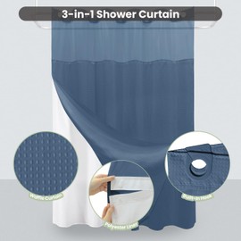 Inhousolu Extra Long No Hook Shower Curtain with Snap in Fabric Liner Set Waffle Weave 230GSM Weighted Hem, Waterproof & Washable Bathroom Curtain Spa with Mesh Top Window 72" W*84" L Moonlight Blue