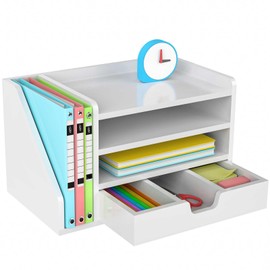NiOffice Multi-Tier Wood Desk File Organizer with Side File Rack, 3 Tray Shelves & Adjustable Drawer - Space-Efficient Design Easy to Assemble for Efficient Office Setup, Reduces Desk Clutter (White)
