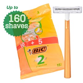 Bic 2 Sensitive 10 + 5 pack (Total 15), Double Blade Razor for Men and Women Peach Fuzz Razor Blades Manual Shaving Sets Facial Hair Remover