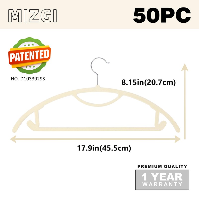 MIZGI Premium Velvet Hangers 50-Pack,No Shoulder Bump Hangers W/Tie Bar
