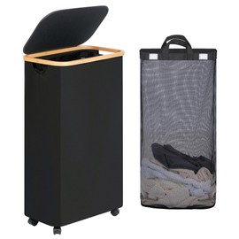 efluky Slim Laundry Basket with Wheels, Narrow Rolling Laundry Hamper with Lid and Removable Bag, Aesthetic Dirty Clothes Hamper on Wheels for Laundry Room, Bedroom, Dorm and Bathroom, 75L Dark Black