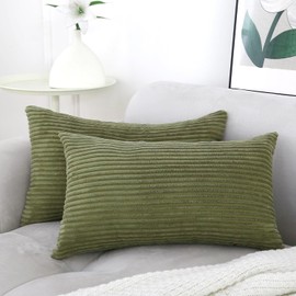 Pack of 2 Olive Green Corduroy Decorative Throw Pillow Covers 12x20 Inch Striped Cushion Covers Cozy Boho Pillowcase Farmhouse Home Decor Soft Accent Cushion Case for Couch Sofa Bed 30x50 cm