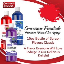 Concession Essentials – Complete Snow Cone Starter Kit – Includes 3 Premium 16oz Syrups (Cherry, Blue Raspberry & Grape), 25ct Neon Spoon Straws, 25ct 6oz Snow Cone Cups & 25ct BONUS Candy Spoons