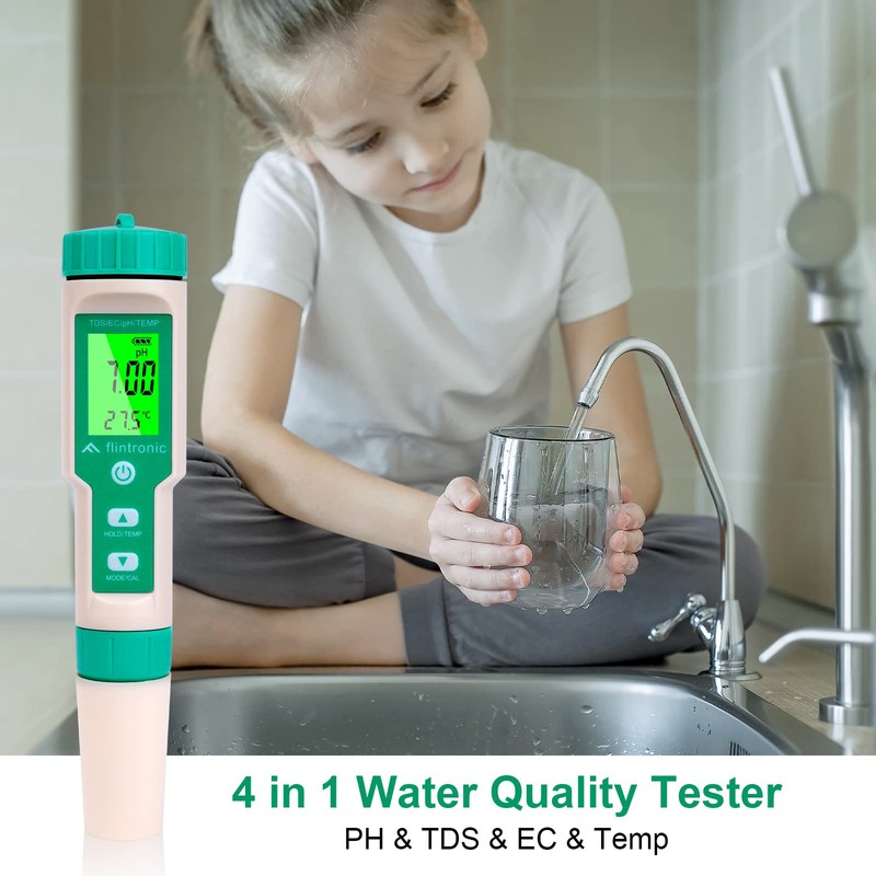 flintronic 4-in-1 PH Meter, PH/TDS/EC Temperature Tester with Backlight, 0-14