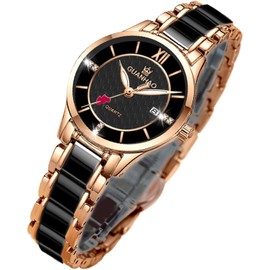 GUANHAO Black Ceramic Watches for Women, Fashion Elegant Ladies Watches with Diamond Accented Waterproof Calendar Mineral Glass, Black Strap Women's Watch for Small Wrist