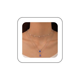 Cimenexe Bohemian Layered Sapphire Pearl Choker Necklace Blue Sapphire Pendant Necklace Sapphire Crystal Square Necklace Silver Pearl Satellite Chain Necklace Jewelry for Women and Girls Gifts