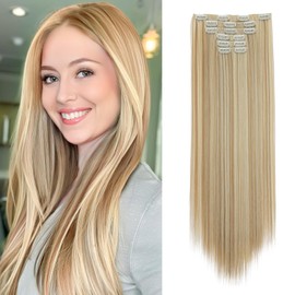 SEGOHAIR Hair Extensions Clip in Synthetic Fiber, Clip Hair Extensions Full Head Seamless 24" Long Straight Clip In Hair Extensions-6PCS 16Clips Hair Piece-Withered Yellow & Light Gold