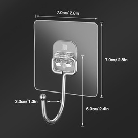 Large Adhesive Hooks 44Ib(Max), 20PCs Heavy Duty Waterproof Hooks, Transparent Self-Adhesive Waterproof and Anti-Rust Wall Hooks for Keys, Bathrobes and Towels in The Kitchen, Bathroom