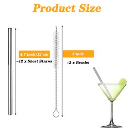 JIEYAO Pack of 12 Short Straws, Stainless Steel, Reusable Straws, Metal Straws, Cocktail Straws with Brush for Juices and Drinks