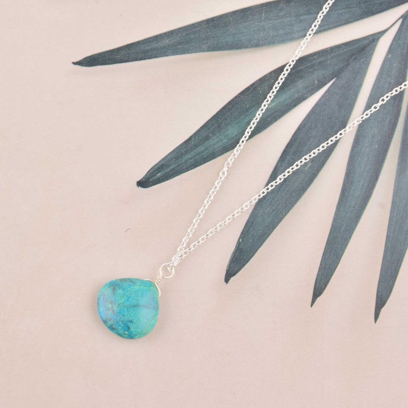 Natural Chrysocolla Crystals Pendant Necklace, Pear Cabochon Gemstone, Healing Crystals,