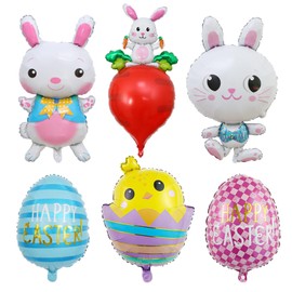6pcs Easter Balloons Set, Happy Easter Egg Bunny Balloons, Rabbit Head Foil Balloons Chicken Balloons Large Foil Easter Balloons Decoration for Birthday, Home Decor, Themed Party Decorations