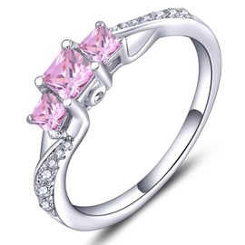 YL Created Pink Tourmaline Princess Cut Engagement Promise Ring for Women, Solid Sterling Silver 3-Stone Wedding Band Eternity Birthstone Anniversary Jewelry-size7