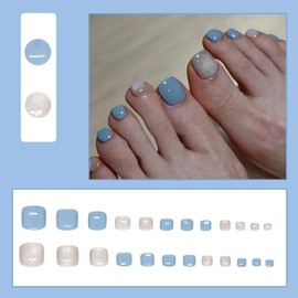 24Pcs Summer Press on Short Square Toenails,YIHONGYAN Blue Fake Toe Nails with Glitter Toenails Design Press on Acrylic Toenails Kit Glue on Full Cover False Toenails Stick on Women Toenails Reusable