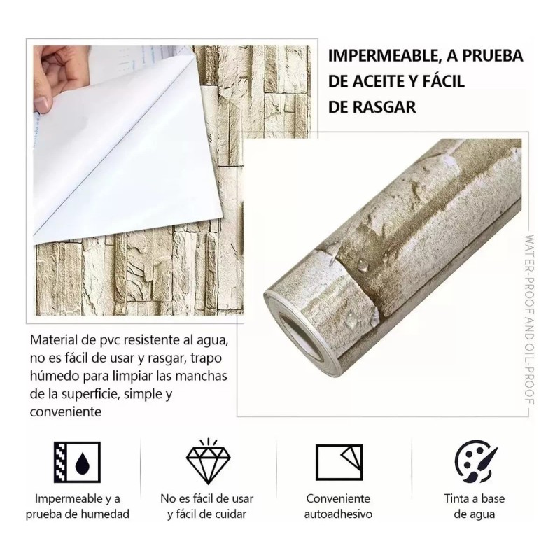 Papel Tapiz Autoadherible 45cm*10m 3d Patrón Ladrillo Papel