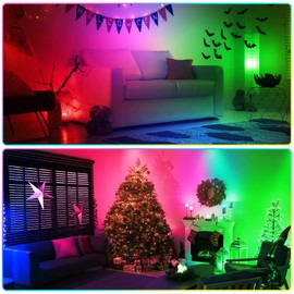 Junview Christmas 10W RGBW Led Uplighting Indoor Spot Lights Indoor with Remote 16 Color Changing Spotlight for Painting Artwork US 2-Plug 6 FT Cord with Floor Foot Switch(2 Pack with Base and Stake)