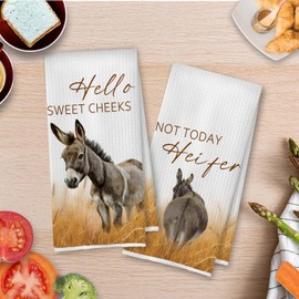 BlissfulAbon Funny Donkey Hand Towels Set - Donkey Gifts, Hello Sweet Cheeks Bathroom Decor, Farmhouse Rustic Country Farm Animal Waffle Decorative Hand Towels, 16x24 Inches Set of 2