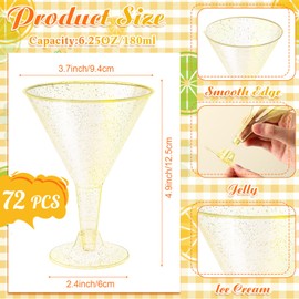 Teenyyou 72 Pcs Gold Glitter Plastic Martini Glasses 6.25 oz Disposable Cocktail Glasses Bulk Unbreakable Clear Margarita Glasses for Wedding Birthday Party Wine Dessert Ice Cream