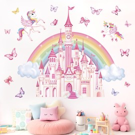 wondever Rainbow Castle Wall Stickers Fairy Tale Unicorn Butterfly Peel and Stick Wall Art Decals for Baby Nursery Girls Bedroom Toddler Room