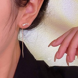 TseenYi CZ Pearl Threader Earrings Gold Crystal Pearl Bar Dangle Earrings Vintage Pearl Rhinestone Ear Climber Earrings Long Bar Chain Threader Earring Jewellery for Women and Girls Gifts, Crystal