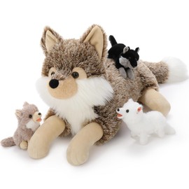 MorisMos Big Wolf Teddy Stuffed Animal, 50cm Cuddly Fluffy Wolf Mommy with 3 Babies Inside, Large Brown Wolf Soft Toys Kawaii Wolf Plushies Present for Kids Birthday Christmas Deco