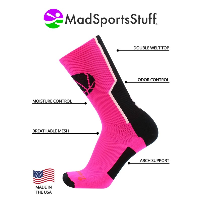 MadSportsStuff Baller Basketball Logo Crew Socks (Neon Pink/Black, Medium)