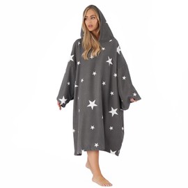 Dreamscene Star Poncho Towel Adult Hooded Oversized Bath Beach Surf Absorbent Microfiber Quick Dry Womens Changing Robe, Grey., One Size