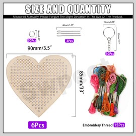 Swpeet 64Pcs Heart Shape Wooden Cross Stitch with Keychain, Jump Ring, Thread and Needles Assortment Kit, Wood Sewing Kit for Beginners, Crafts Needle Embroidery Kit for DIY Hanging Decor Gift