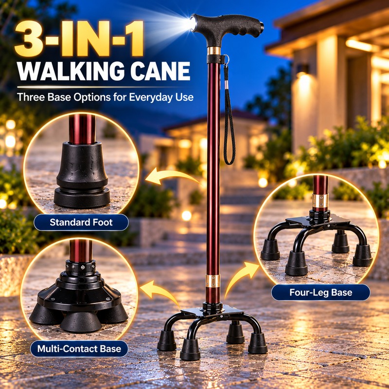 3-in-1 Adjustable Elders Walking Cane for Daily Mobility – Interchangeable