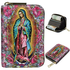 BWEGRHE Cute Credit Card Holder with Zipper, Virgin Mary RFID-Blocking Card Case Small Wallet for Women Men, Multi-slot Card Organizer Case Travel Accordion Wallet