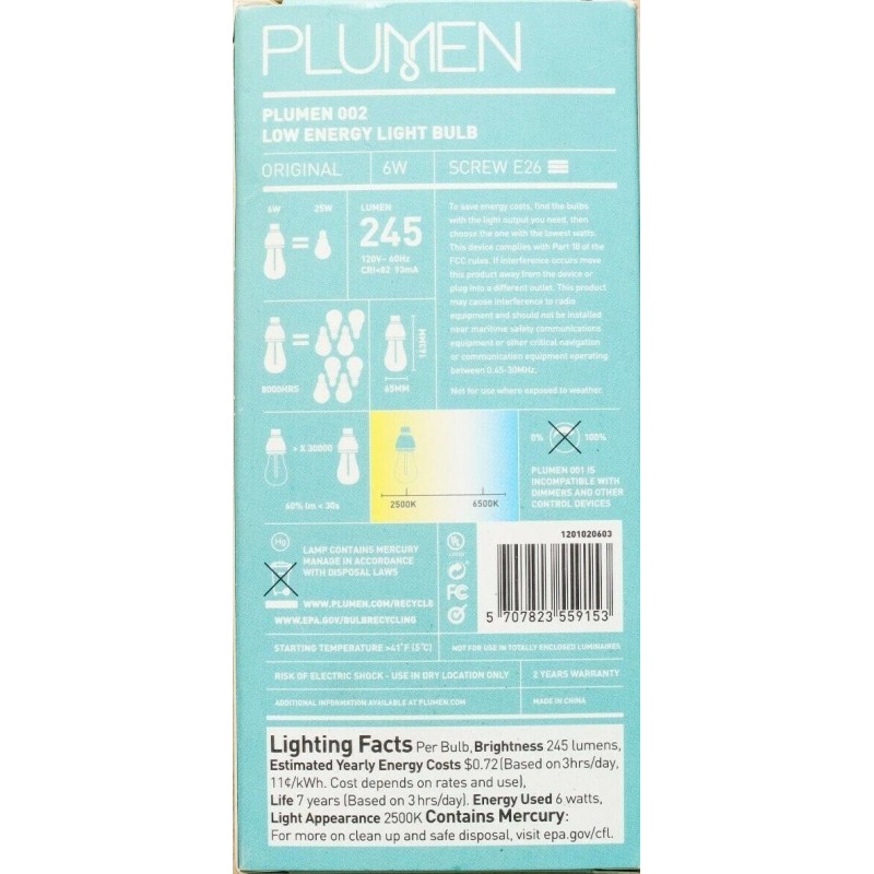 Plumen 002 Low Energy Light Bulb Original 6W Screw E26