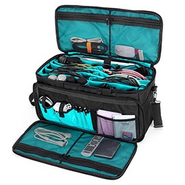 LoDrid Large Cable File Bag with Inside Padded Bottom and Detachable Dividers, DJ Bag with Multiple Pockets for 15.6â Laptop, DJ Gear, Sound Instrument, and Music Equipment, Black