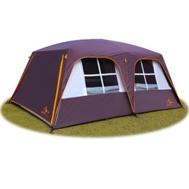 KTT Extra Large Tent 8-10 Person,Awning Family Cabin Tents,2 Rooms,3 Doors and 3 Windows with Mesh,Straight Wall,Waterproof,Double Layer,Big Tent for Outdoor,Picnic,Camping,Family Gathering(Brown)