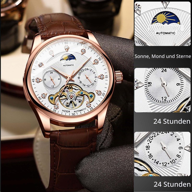 RORIOS Men's Automatic Tourbillon Watch Diamond Skeleton Watch Waterproof Mechanical