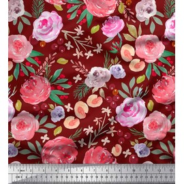 Soimoi Red Cotton Canvas Fabric Leaves & Floral Watercolor Decor Fabric Printed BTY 42 Inch Wide