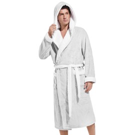 Inner Wish Mens Hooded Robe, Plush Long Bath robes Cozy Warm Bathrobe Fuzzy male Spa Robe With Pockets,LT.GREY+WHITE,S/M