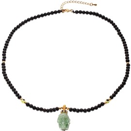 Wizock Simple Spiritual Black Agate Beaded Necklace Good Luck Aventurine Skull Pendant Necklaces for Women Protection and Prosperity Evil Eye Jewelry