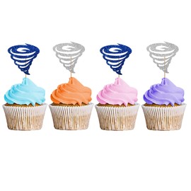 MINUET MINUTE 24PCS Tornado Cupcake Toppers - Silver & Blue Glitter - Weather Party Decorations for 2nd/4th Birthday