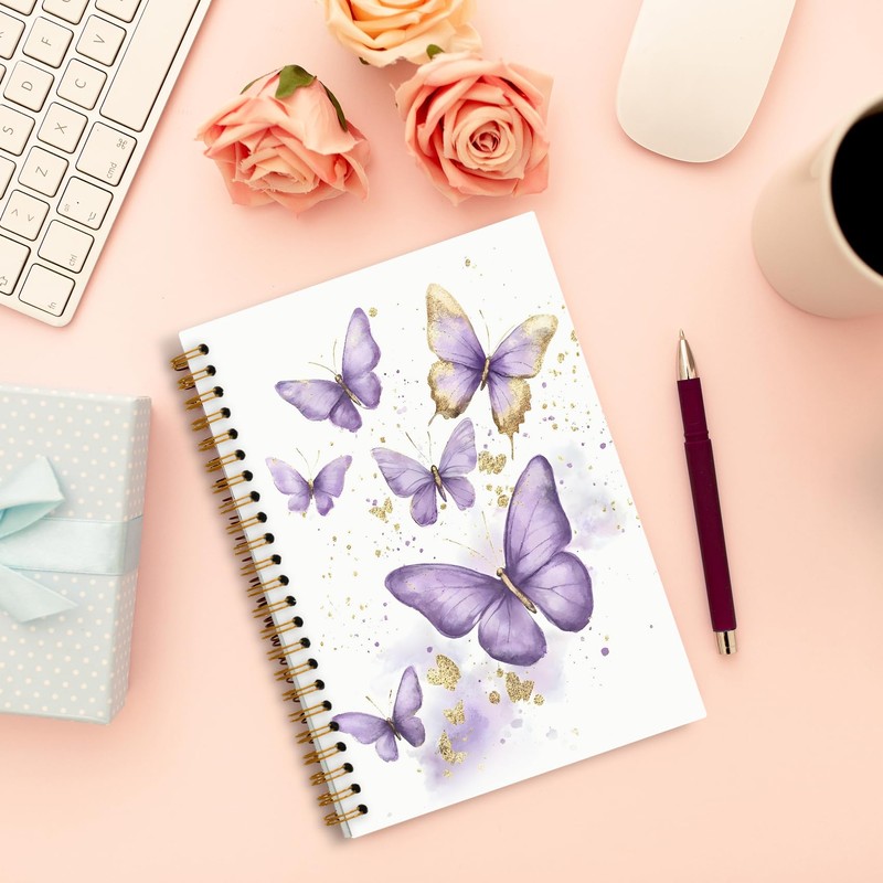 Foritho Purple and Gold Butterfly Notebook, Preppy Butterfly Journal for
